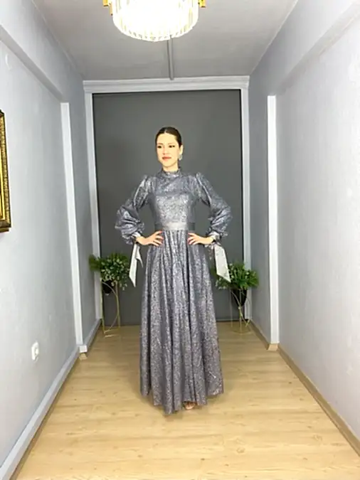 Antrasit Tesettür Simli Kol Bel Detayı Saten Kurdelalı Abiye Elbise 