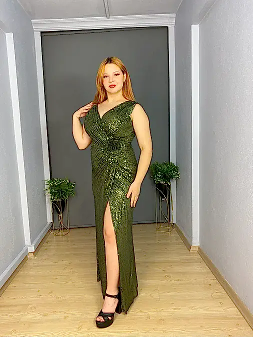 Haki Büyük Beden Payet Kalın Askılı Uzun Abiye