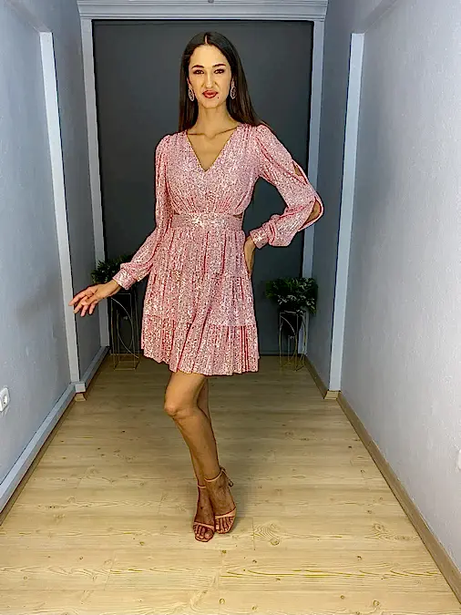 Pudra  Payet Sırt Dekolteli Uzun Kollu Etek Katlı Kısa Abiye Elbise