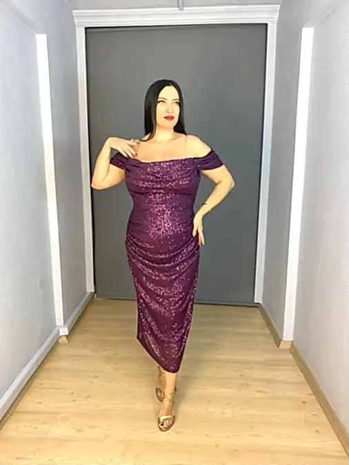 Mürdüm Midi Büyük Beden Payet Madonna Yaka Abiye Elbise
