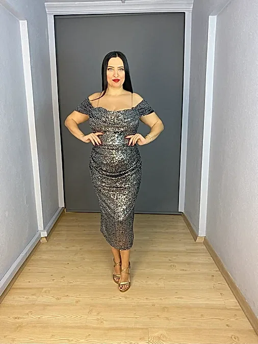 Gümüş Midi Büyük Beden Payet Madonna Yaka Abiye Elbise
