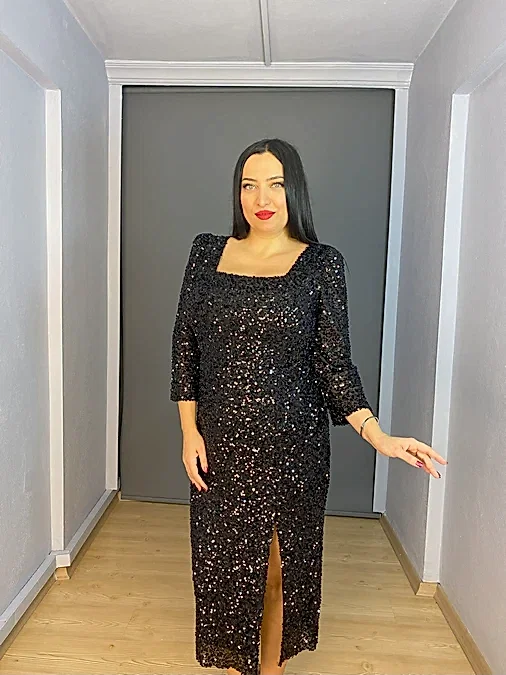 Siyah Büyük Beden Kare Yaka Truvakar Kollu  Payet Kısa Abiye ELbise
