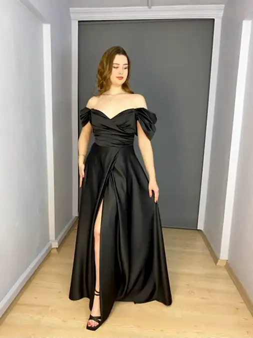 Siyah Saten Madonna Yaka Büyük Beden Abiye Elbise