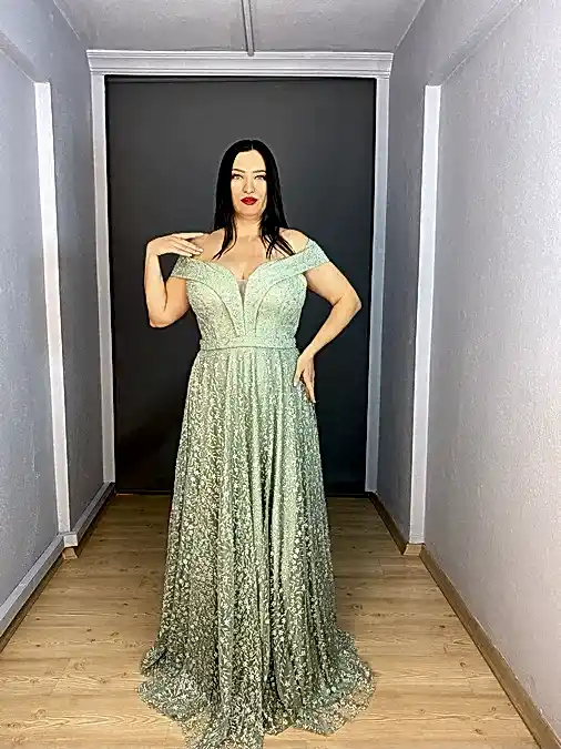Mint Büyük Beden Madonna Yaka Simli Kloş Uzun Abiye Elbise