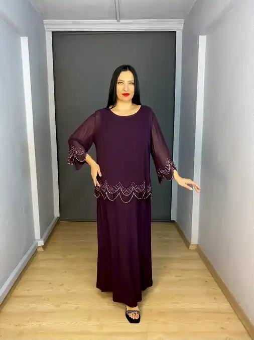 Mürdüm Büyük Beden İkili İç Likralı Üst Şifon Uzun Abiye Elbise