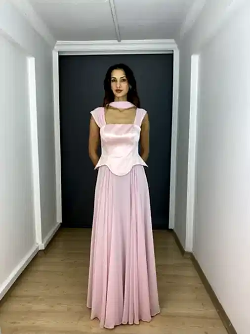 Pudra Üst Saten Korsajlı Straplez Asklı Şifon Uzun Abiye Elbise