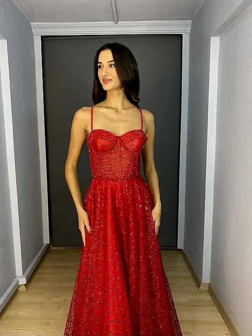Kırmızı Balen Korsajlı Simli Tül Uzun Abiye Elbise 