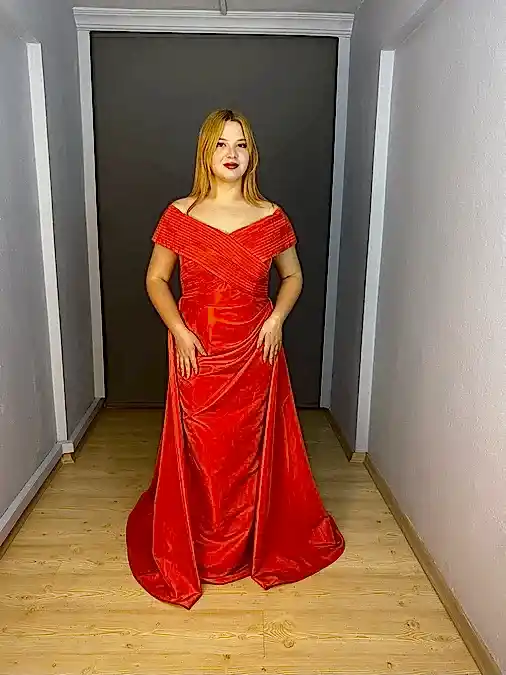 Orange Büyük Beden Madonna Yaka Tafta Kumaş Uzun Abiye Elbise