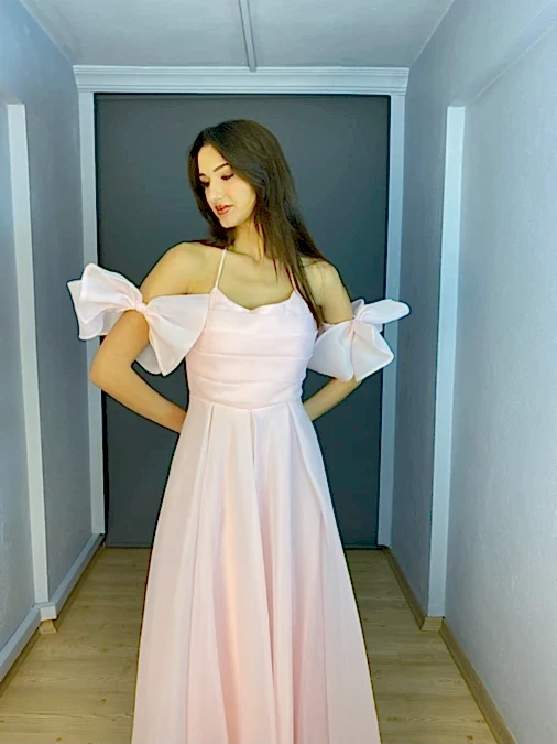 Pudra Organze Ön Drape Boyundan Bağlamalı Kloş Uzun Abiye Elbise