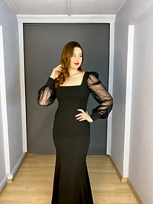 Siyah Uzun Kollu Kare Yaka Balık Büyük Beden Abiye Elbise