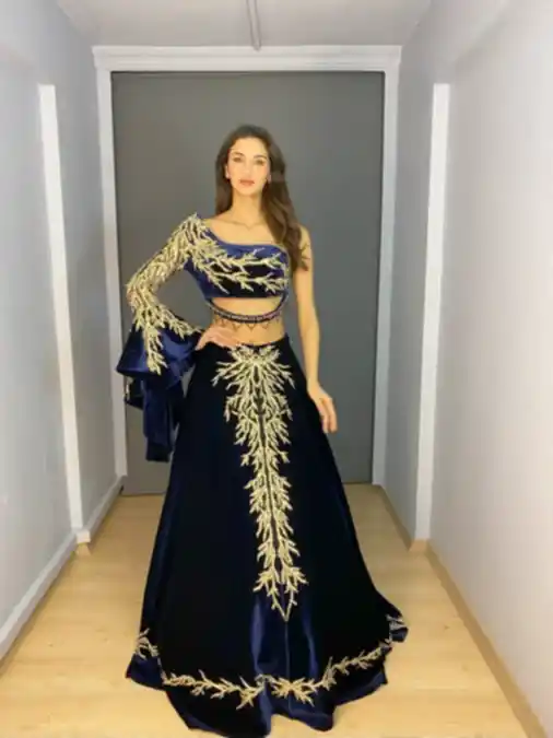 Lacivert Kadife Bindallı Kaftan İkili Kınalık