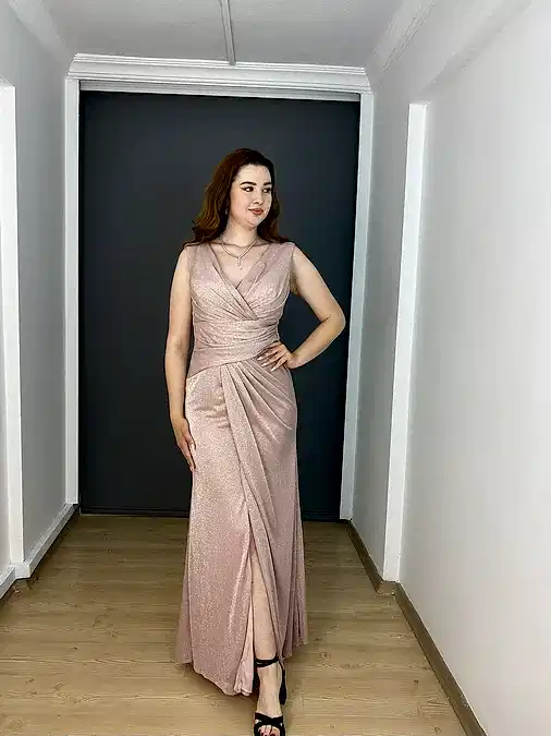 Pudra Büyük Beden Kalın Askılı  Simli Esnek Uzun Abiye Elbise