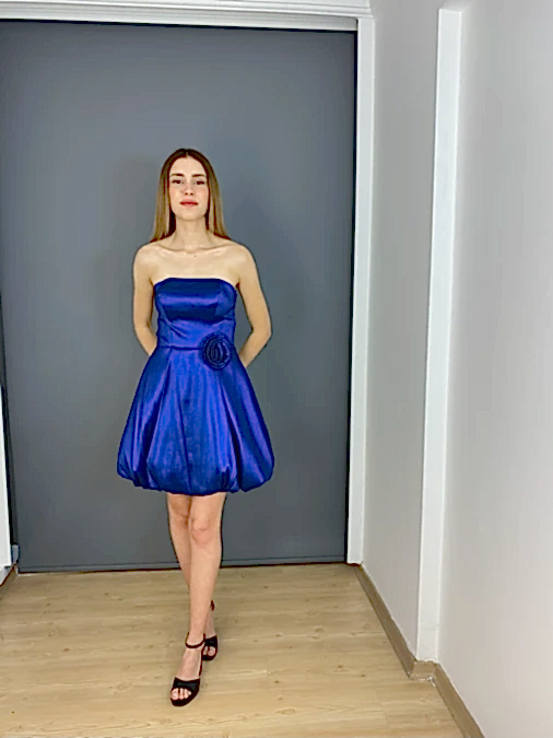 Lacivert Straplez Balon Etek Yan Gül Detaylı Kısa Abiye Elbise