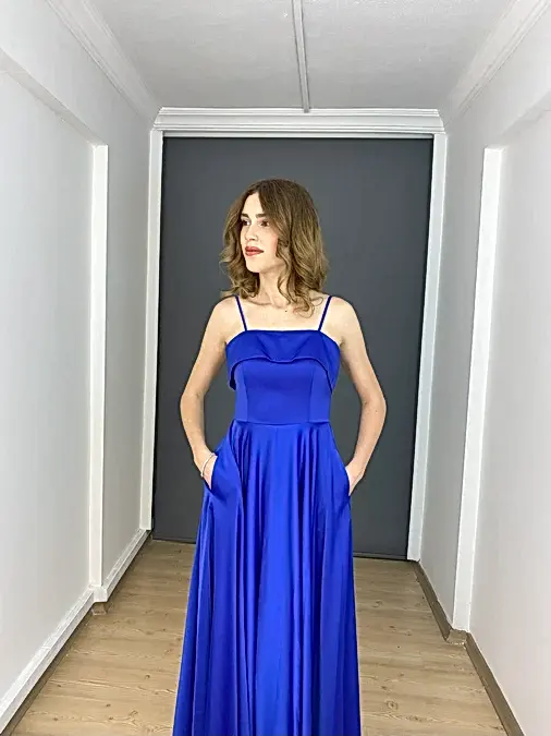 Sax Saten Askılı Kloş Cep Detaylı Uzun Abiye Elbise