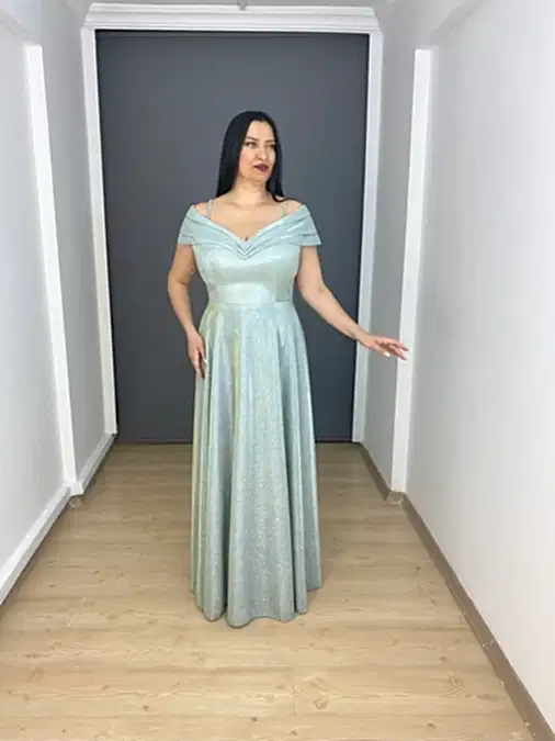Mint Büyük Beden Madonna Yaka A Kesim Simli Uzun Abiye Elbise