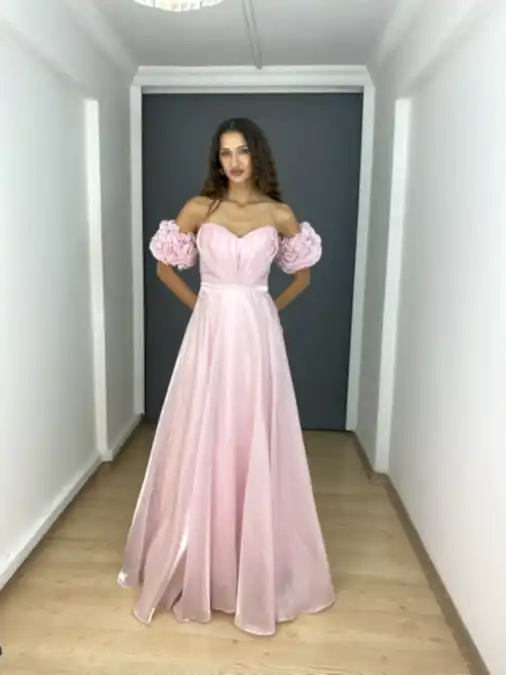 Pembe Organze Saten Straplez Portatif Kollu A Kesim Uzun Abiye Elbise