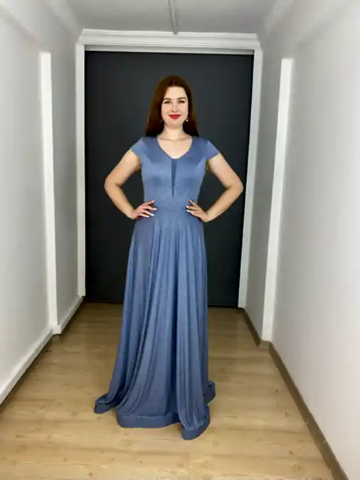 Bebe Mavisi Büyük Beden V Yaka Düşük Kol Simli Uzun Abiye Elbise 