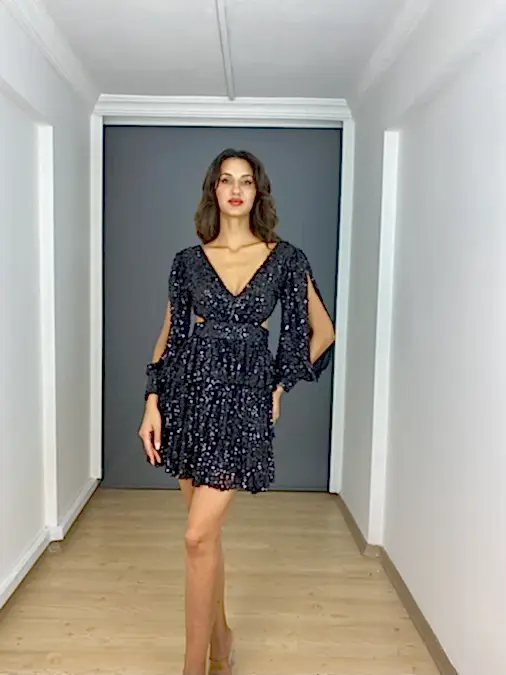 Siyah Payet V Yaka Uzun Kollu Sırt Dekolteli Kısa Abiye Elbise