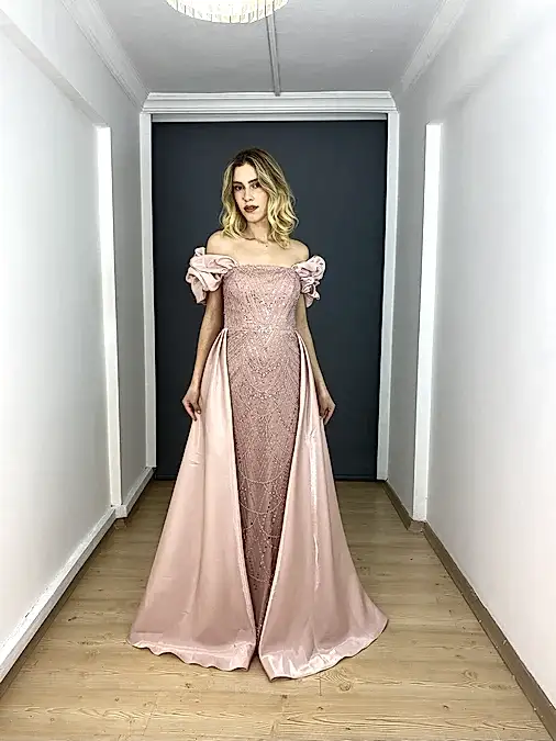 Pudra Straplez Boncuklu Pelerin Etek Detaylı Uzun Abiye Elbise
