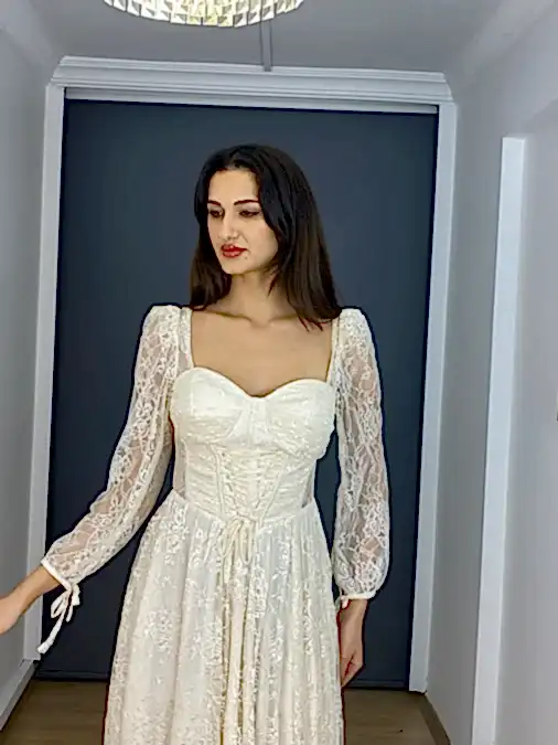 Bordo Uzun Kollu Dantel Kare Yaka Yırtmaçlı Uzun Abiye Elbise