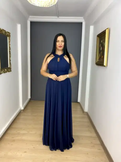 Lacivert Büyük Beden Tül Halter Kol Uzun Abiye Elbise